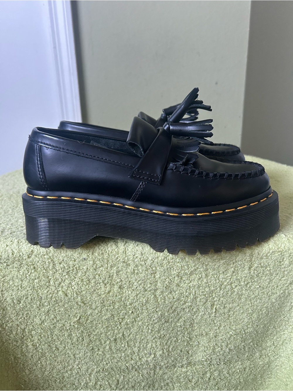 NWOT Dr. Martens Black Platform Tassel Loafers with Yellow Stitching